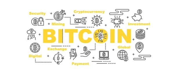 Concepto Diseño Banner Vectorial Bitcoin Estilo Plano Con Iconos — Vector de stock