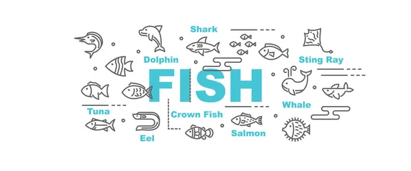 Fish Vector Banner Design Concept Flat Style Icons — Stock Vector