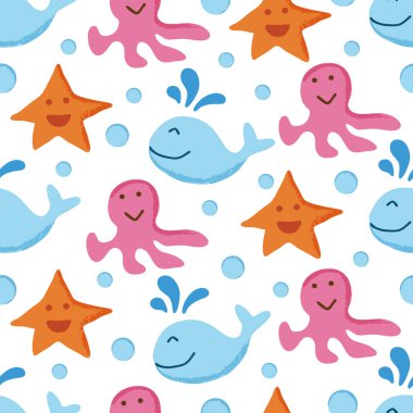 sevimli deniz hayvan seamless modeli, vektör arka plan