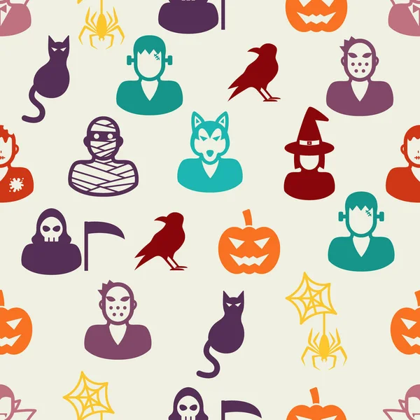 Halloween Iconos Planos Patrón Sin Costuras Vector Fondo — Vector de stock