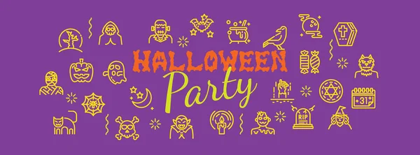Halloween Party Banner Met Lijn Pictogrammen Vector Design — Stockvector