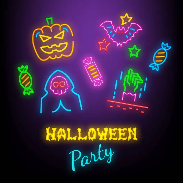 Halloween Party Neon Symboler Vektor Neonljus Mörk Bakgrund — Stock vektor