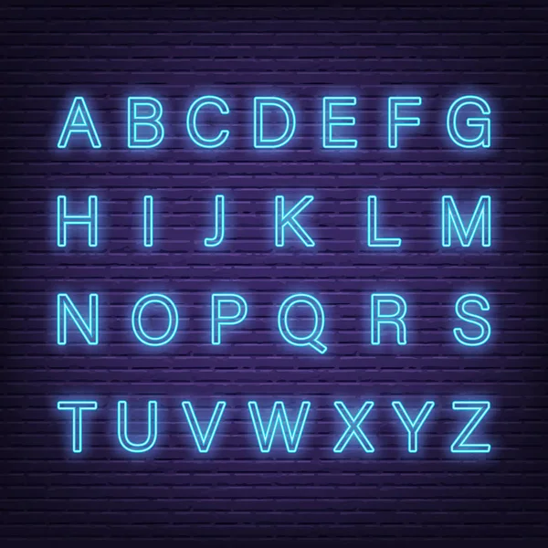 Neon Light Letters Vector Glowing Blue Alphabet Uppercase Brick Wall — Stock Vector
