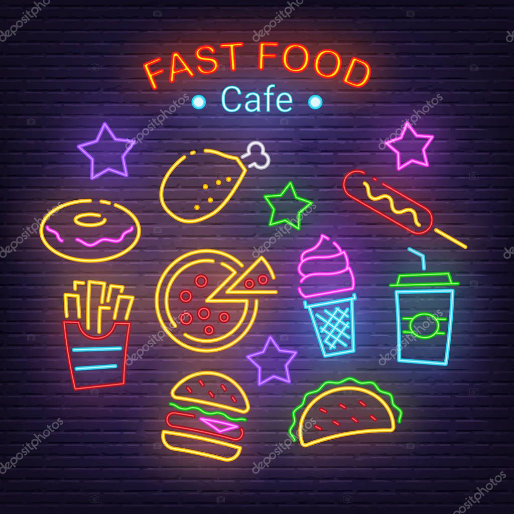 Fast food neon icons, vector neon glow on dark background