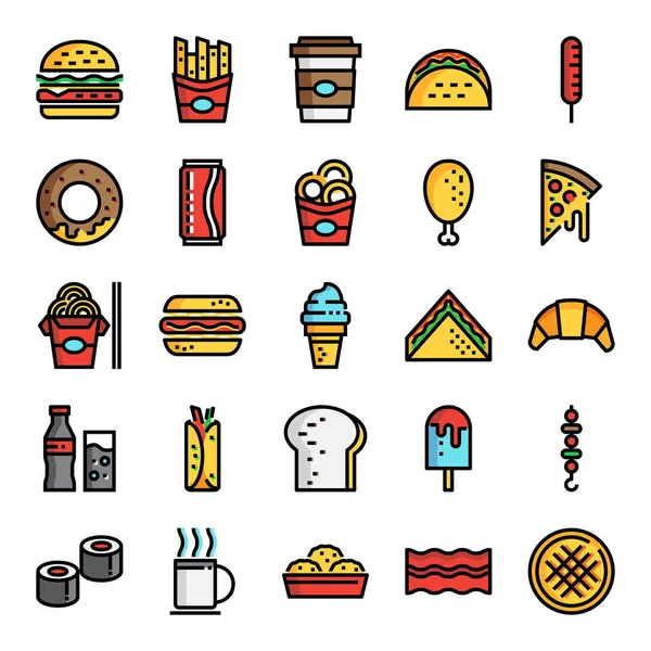 Fast Food Pixel Perfekte Farbe Linie Symbole Vektorlinie Editierbare Strich — Stockvektor