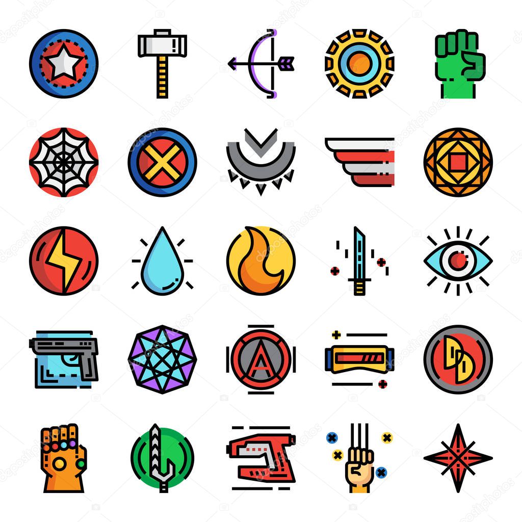superhero pixel perfect color line icons, vector design, editable stroke