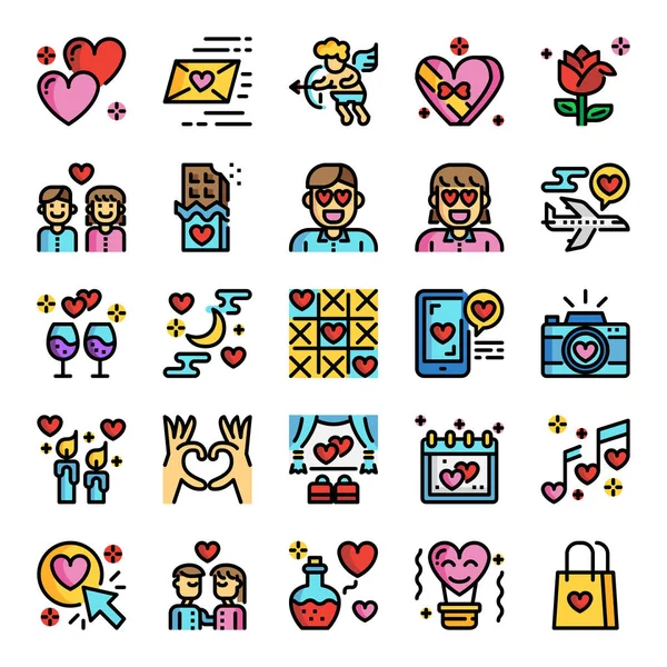 Valentine Day Pixel Perfect Color Line Icons Vector Editable Stroke — Stock Vector