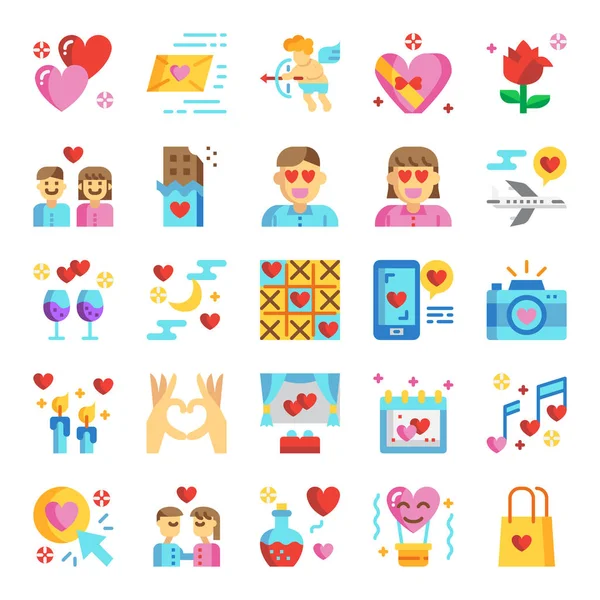 Día San Valentín Píxel Iconos Planos Perfectos Diseño Vectores — Vector de stock