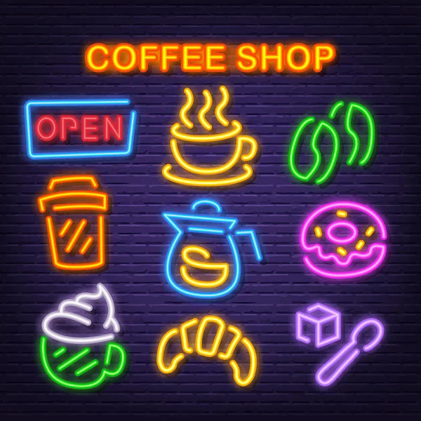 Coffee shop neon icons — Stock Vector