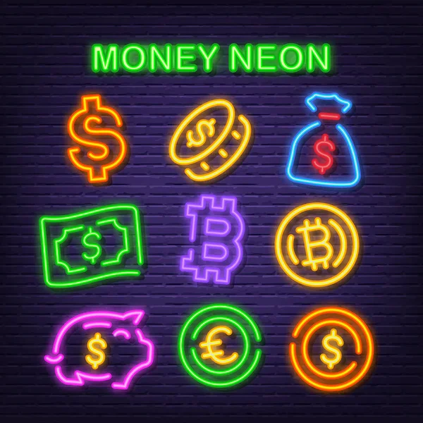 Peníze neon ikony — Stockový vektor