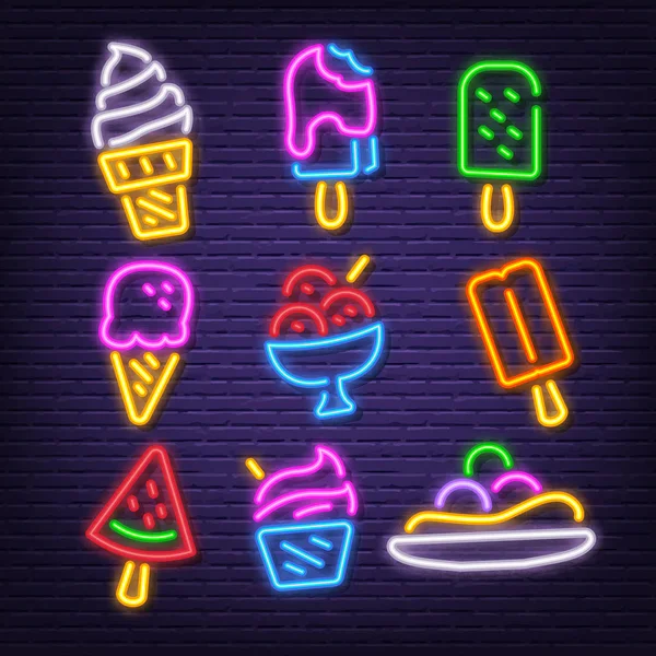 Ice Cream Neon iconen — Stockvector