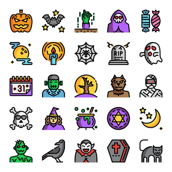 Línea de color de Halloween píxel iconos perfectos — Vector de stock