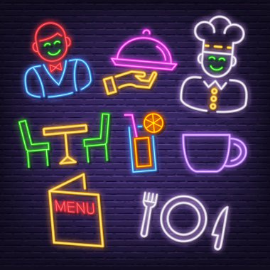 restaurant neon icons clipart