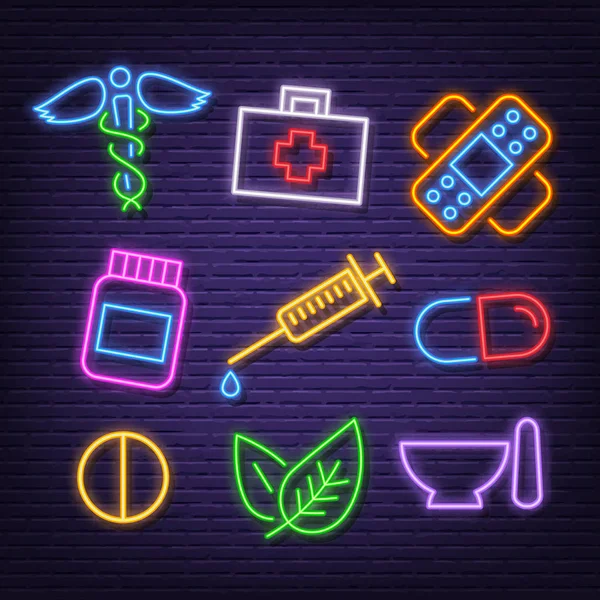 Medicamentos ícones de néon —  Vetores de Stock