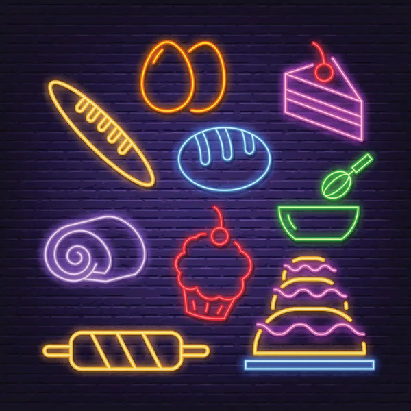 Panadería iconos de neón — Vector de stock