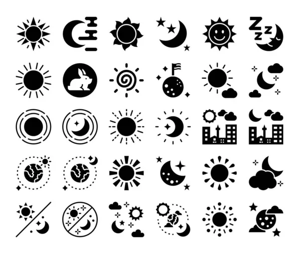 Sun Moon Glyph Vector Icons Day Night Concept Solid Silhouette — Stock Vector