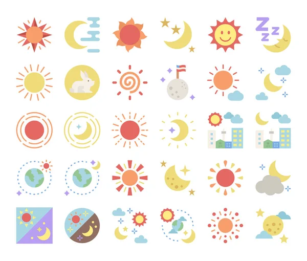 Sonne Und Mond Flache Vektorsymbole Tag Und Nacht Konzept — Stockvektor