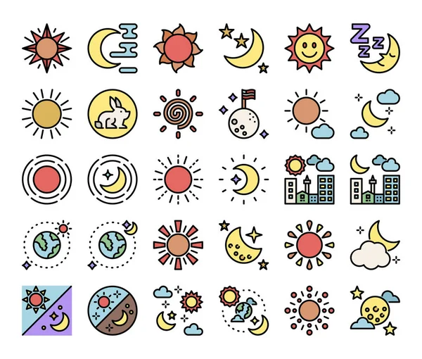 Sonne Und Mond Farbe Umreißen Vektor Symbole Tag Und Nacht — Stockvektor