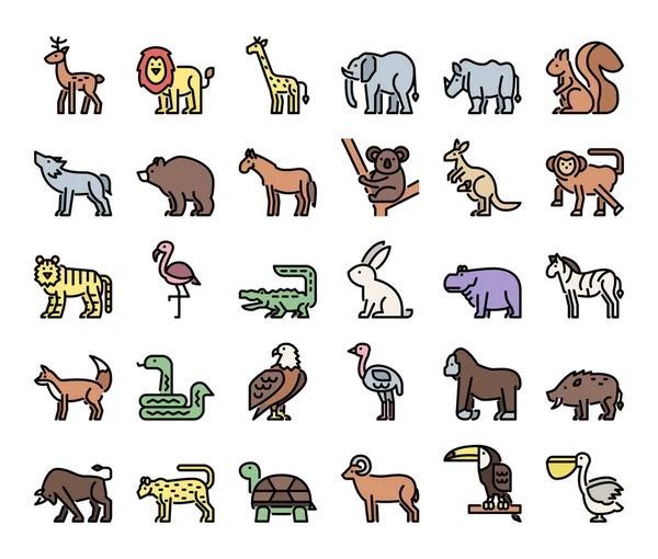 Wild Animals Color Outline Vector Icons Safari Jungle Concept — Stock Vector