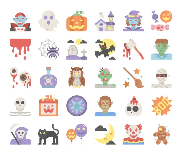 Boldog Halloween Lapos Vektor Ikonok Pixel Tökéletes — Stock Vector
