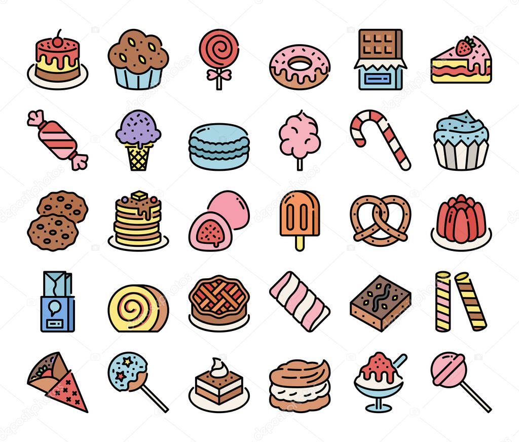 sweet and dessert color outline vector icons pixel perfect