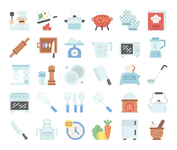 Cocina Vector Plano Iconos Píxel Perfecto — Vector de stock