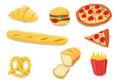 Düz içinde izole fast food simgeler. Vektör. Beyaz arka plan üzerinde sağlıksız yemek ayarla