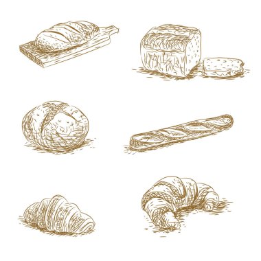 Ekmek, unlu mamüller ve pasta farklı türleri, şekil ve büyüklükte beyaz arka plan üzerinde izole demet. Çizilmiş vektör çizim el
