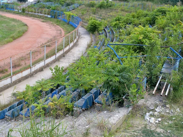 Terk edilmiş Stadyumu: koşu parkuru hala iyi korunmuş, ancak ağaçlar ve çim büyümek koltuk arası seyirci rostrums üzerinde