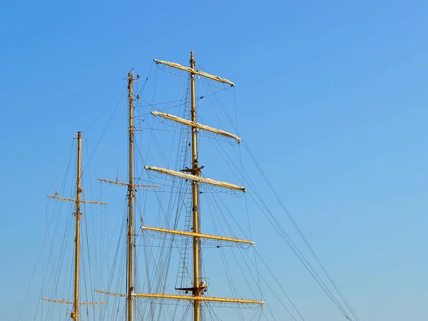 Three Masts Sailing Ship Folded Sails Shrouds Blue Summer Sky — Stock Photo, Image
