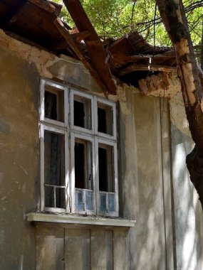 Kırık camlar ve düşmüş çatı, yaz günü, yan görünümü ile terk edilmiş bir tek katlı ev cephe