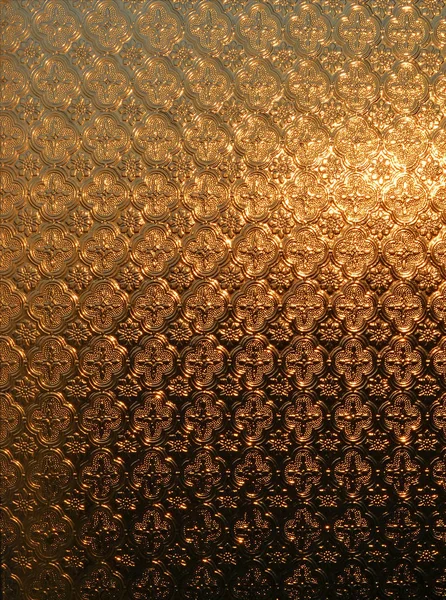 Texture Une Fenêtre Verre Givré Travers Laquelle Brille Soleil Levant — Photo