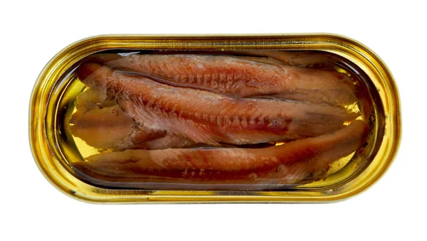 Fillet Anchovies Oil Yellow Oval Tin Can Close Top View — Stock Photo, Image