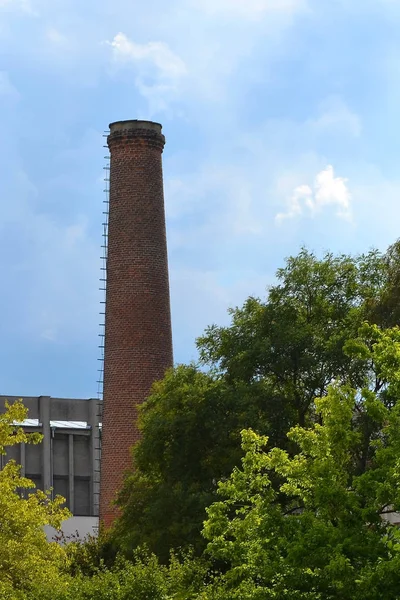 Old brick factory chimney among the green trees on a background of blue sky, sunny autumn day, vertical frame