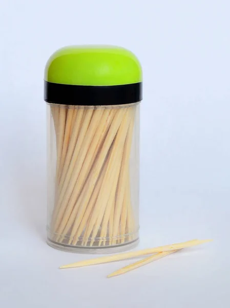 Lot Wooden Toothpicks Transparent Plastic Jar Black Green Lid Neutral — Stock Photo, Image