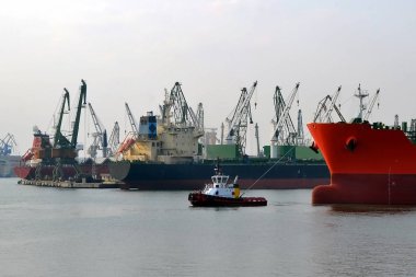 Küçük bir pilot gemi büyük kırmızı kargo gemisi liman rüzgarsız sıcak üzerinde bir sonbahar günü yol açar