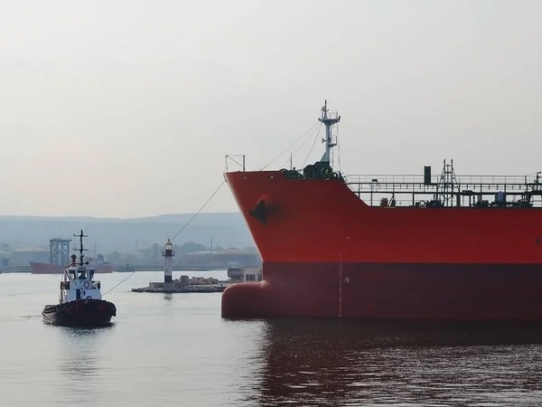 Pequeño Barco Piloto Lidera Gran Buque Carga Rojo Puerto Cálido — Foto de Stock