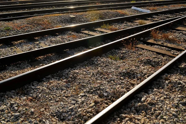 Järnvägen Räls Och Sliprar Solig Dag Närbild Skenor För Järnvägstransporter — Stockfoto