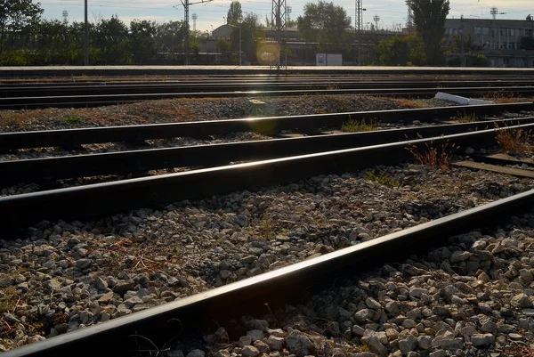 Railway Rails Sleepers Industrial Buildings Bright Sunny Day Diminishing Perspective — Stock Photo, Image