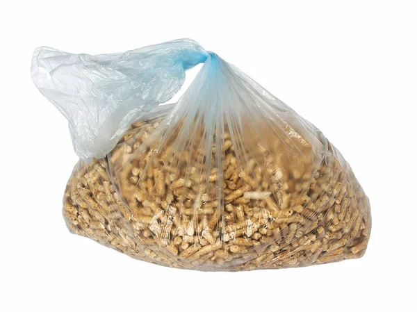 Wooden Pellets Plastic Cellophane Bag Isolated White Background Alternative Biofuel — Stock Photo, Image