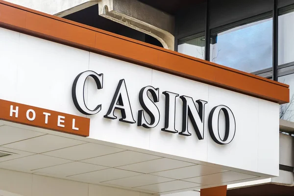 Sign Board Casino Entrance Hotel White Letters Black Border White — Stock Photo, Image