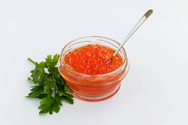 Frasco Caviar Rojo Sobre Fondo Blanco Caviar Salmón Delicias Pescado — Foto de Stock