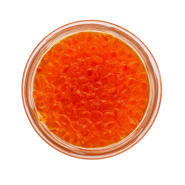 Jarro Vidro Caviar Vermelho Isolado Fundo Branco Caviar Salmão Delícia — Fotografia de Stock