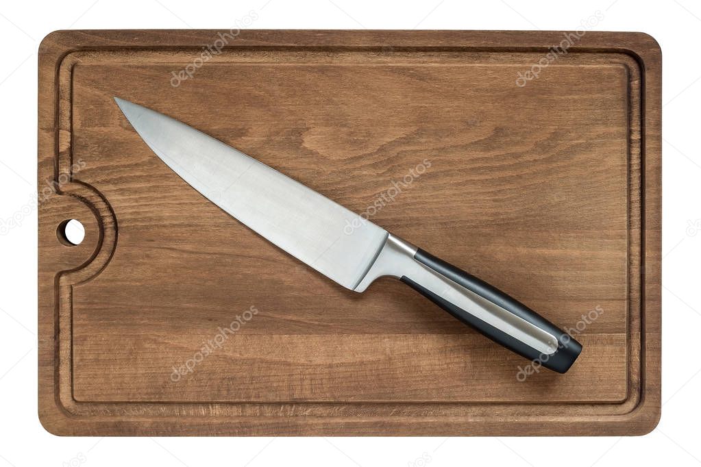 Professional chef kitchen knife with a 20 cm (8 inch) blade on a brown cutting board top view. Very sharp knife made of high carbon molybdenum vanadium steel.
