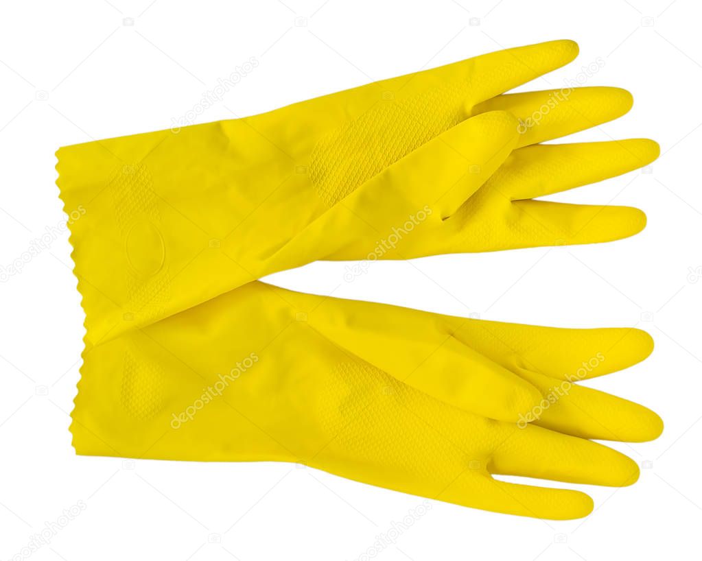 A pair of yellow rubber or latex gloves for household chores.
