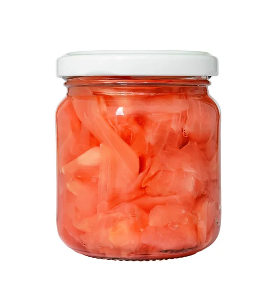 Pink pickled ginger in a glass jar with a white lid isolated on white — Stock Photo, Image