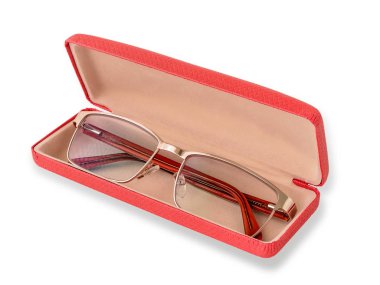 Pembe gözlük durumda altın bir jant ile görme için gözlük.