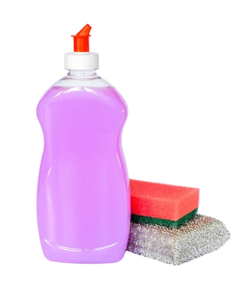 两块泡沫海绵和粉红色或丁香洗碗液分离 — 图库照片