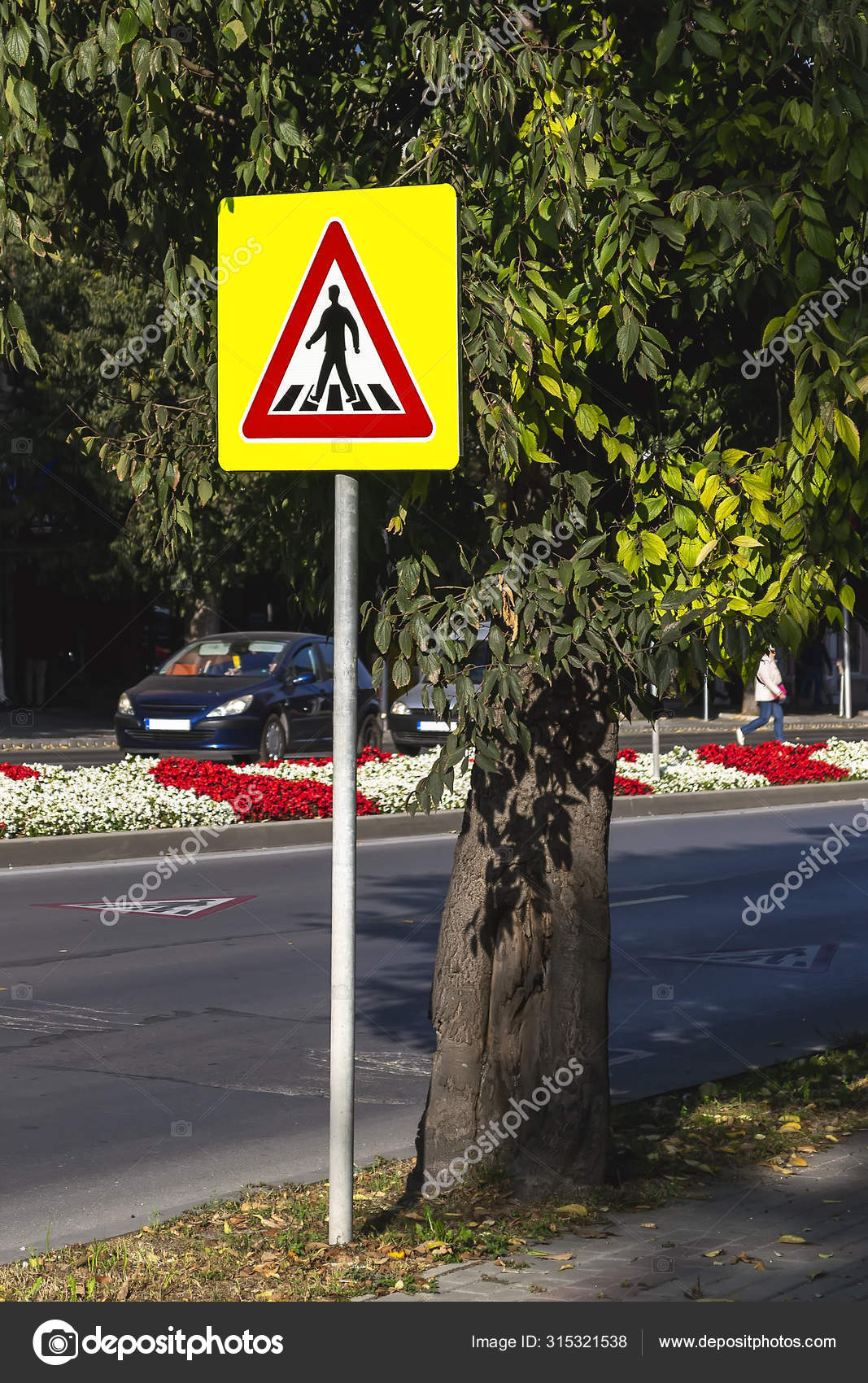 The Pedestrian Crossing Sign With Yellow Background On A Street Stock Photo Image By C Mabaff