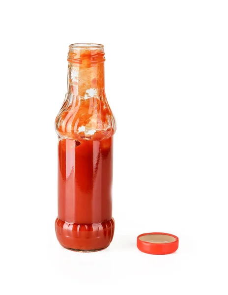 Open Fles Dikke Tomatenketchup Rode Deksel Geïsoleerd Witte Achtergrond Specerijen — Stockfoto